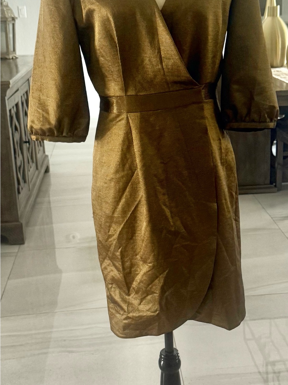 Shimmery Bronze Wrap-Front Midi Dress